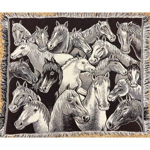 Vintage Woven Horse Throw Blanket Tapestry with Fringe Western Decor Brown Cream